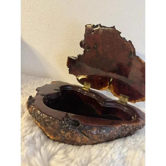 Burl Wood Jewelry Or Trinket Box With Lid Live Edge Deep Color‎ Vintage